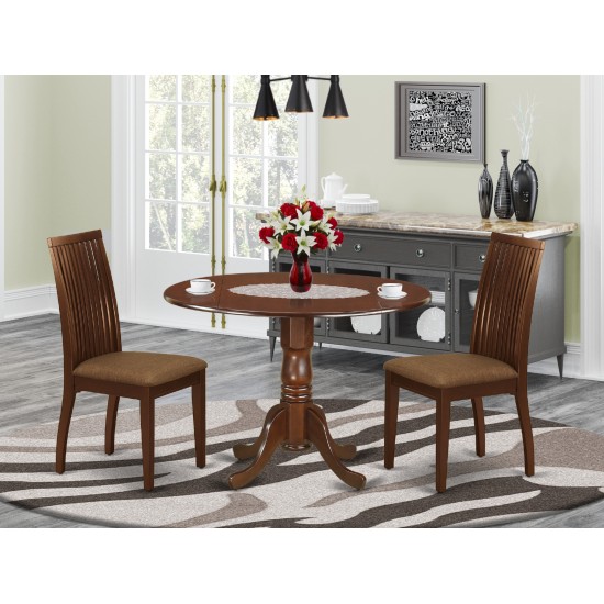 3Pc Dinette Set, Rounded Kitchen Table, Drop Leaves, Two Linen Seat Dining Chairs, Mahogany Finish