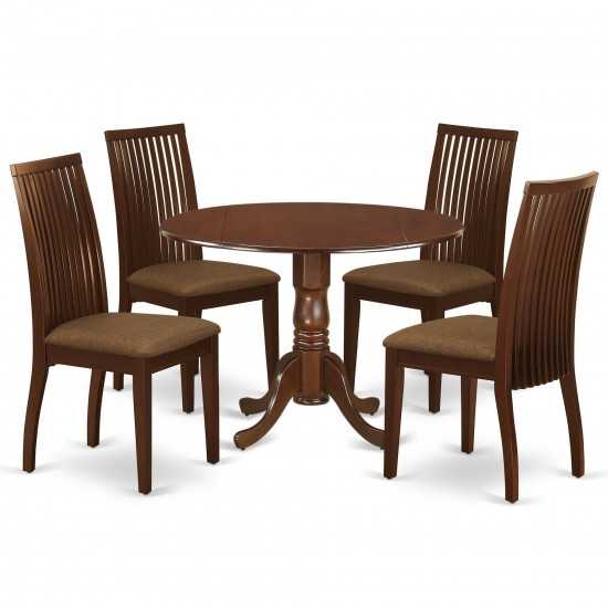 5Pc Dining Set, Round Dinette Table, Drop Leaves, Four Linen Seat Chairs, Mahogany Finish