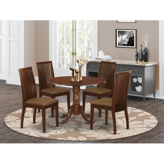 5Pc Dining Set, Round Dinette Table, Drop Leaves, Four Linen Seat Chairs, Mahogany Finish