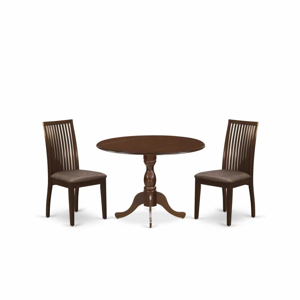 3 Pc Dining Set, Kitchen Table, 2 Mahogany Chairs, Slatted Back- Mahogany Finish