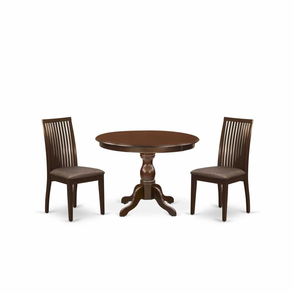 3 Pc Table, Chairs Dining Set, Mahogany Wood Dining Table, 2 Mahogany Chairs For Dining, Slatted Back- Mahogany Finish