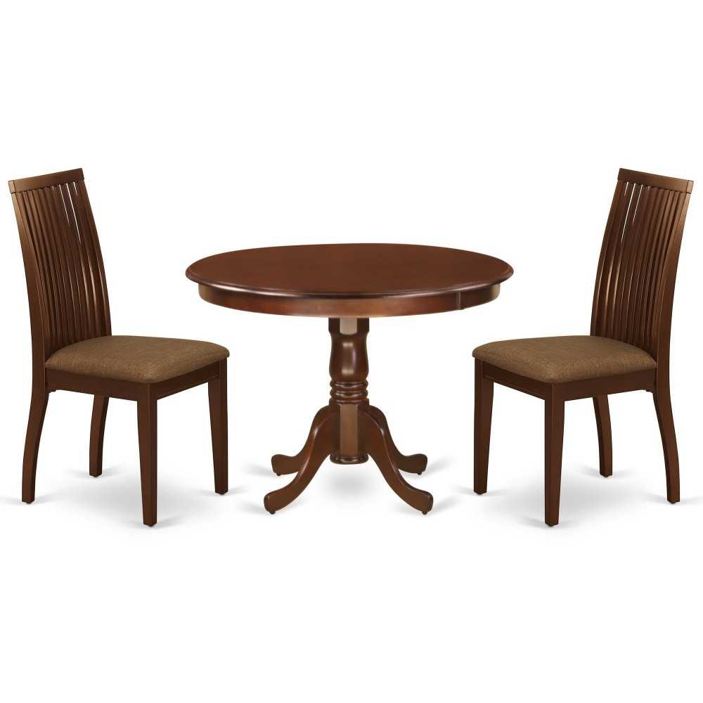 3Pc Dinette Set Includes Rounded Kitchen Table, Two Seat Dining Chairs, Mahogany