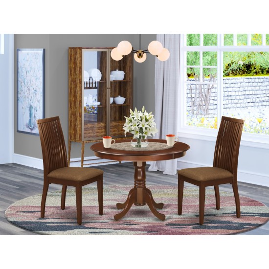 3Pc Dinette Set Includes Rounded Kitchen Table, Two Seat Dining Chairs, Mahogany