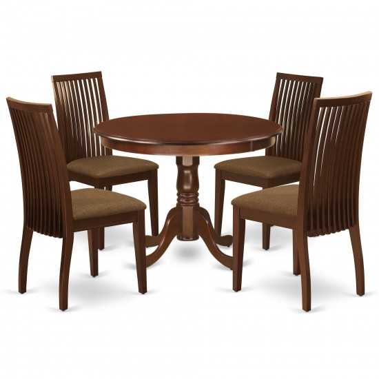 5Pc Dining Set Includes Round Dinette Table, Four Seat Dining Chairs, Mahogany