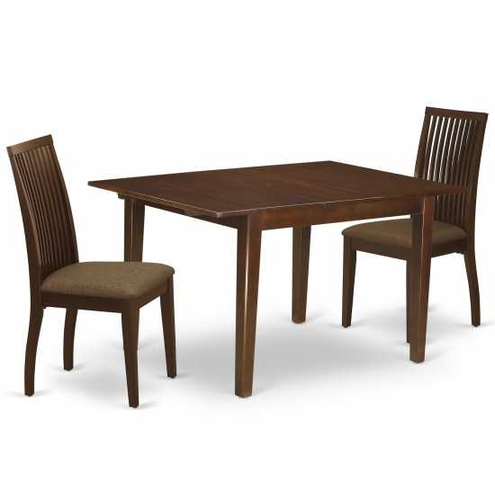 3Pc Dinette Set, Rectangular Kitchen Table, Butterfly Leaf, Two Linen Seat Dining Chairs, Mahogany Finish