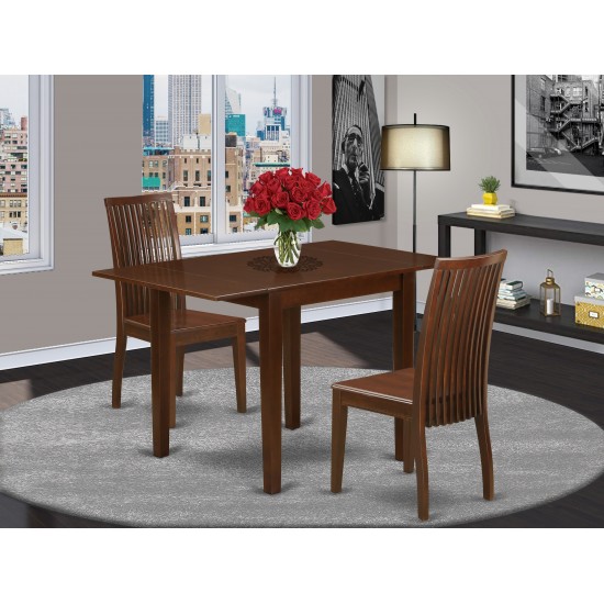 3Pc Dinette Set, Small Dining Table, 2 Dinette Chairs, Rubberwood Seat, Slat Back, Mahogany