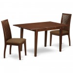 3Pc Dinette Set, Rectangular Kitchen Table, Butterfly Leaf, Two Linen Seat Dining Chairs, Mahogany Finish