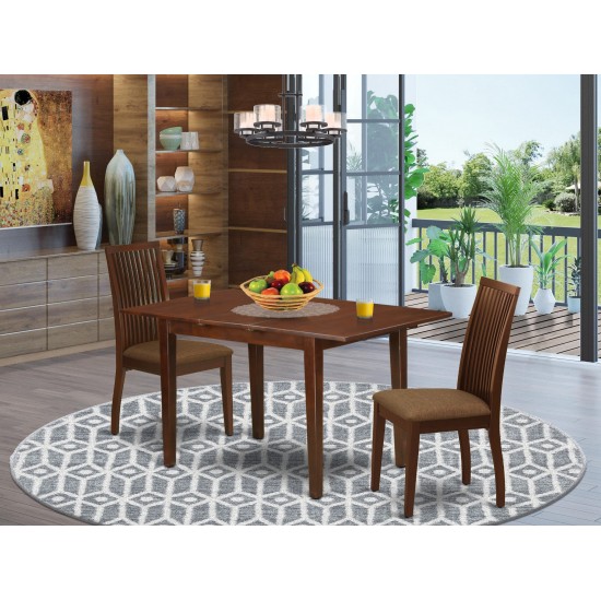 3Pc Dinette Set, Rectangular Kitchen Table, Butterfly Leaf, Two Linen Seat Dining Chairs, Mahogany Finish