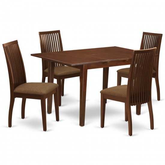 5Pc Dining Set, Rectangle Dinette Table, Butterfly Leaf, Four Linen Seat Chairs, Mahogany Finish