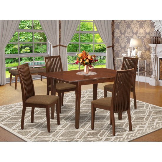 5Pc Dining Set, Rectangle Dinette Table, Butterfly Leaf, Four Linen Seat Chairs, Mahogany Finish