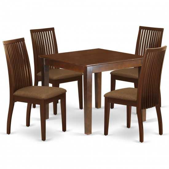 5Pc Dining Set Includes Square Dinette Table, Four Seat Dining Chairs, Mahogany