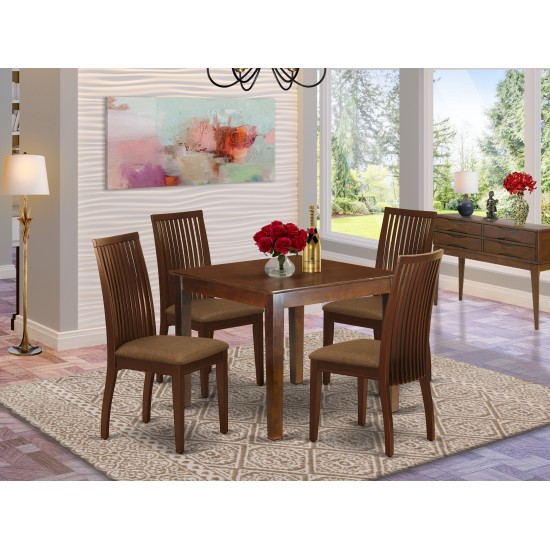 5Pc Dining Set Includes Square Dinette Table, Four Seat Dining Chairs, Mahogany