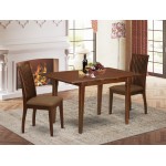 3Pc Dinette Set, Rectangular Kitchen Table, Butterfly Leaf, Two Linen Seat Dining Chairs, Mahogany Finish