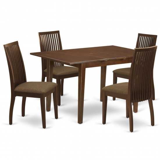 5Pc Dining Set, Rectangle Dinette Table, Butterfly Leaf, Four Linen Seat Chairs, Mahogany Finish