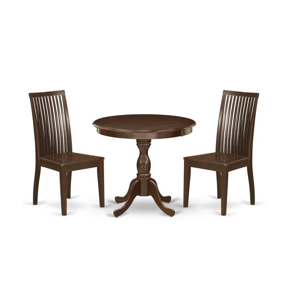 3 Pc Dining Set, 1 Round Pedestal Table, 2 Mahogany Chairs, Slatted Back, Mahogany Finish