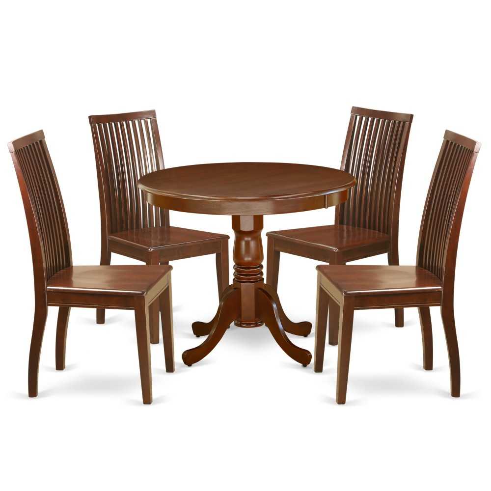 5Pc Round 36 Inch Kitchen Table And 4 Wood Seat Dining Chairs