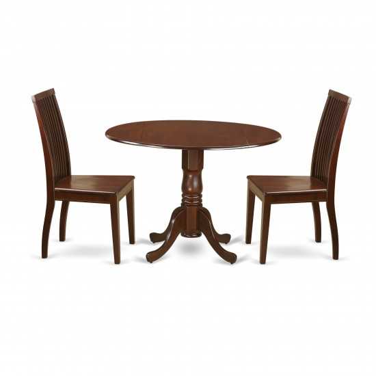 3 Pc Dublin Kitchen Table Set-Dining Table, 2 Wood Seat Kitchen Chairs, Mahogany