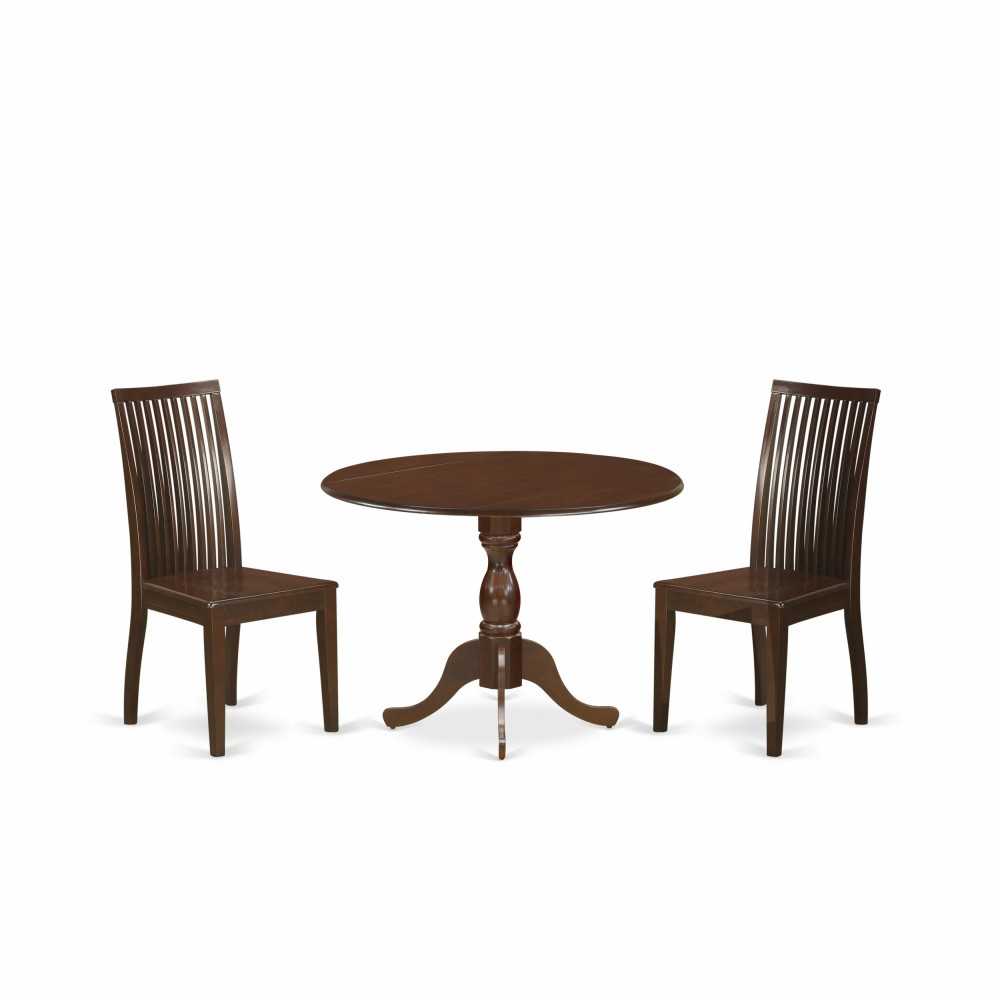 3 Pc Dropleaf Dining Set, Mahogany Wood Table, 2 Mahogany Table Chairs, Slatted Back, Mahogany Finish