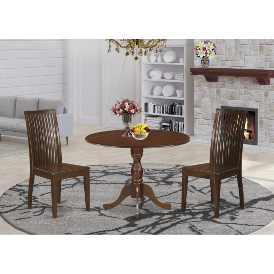 3 Pc Dropleaf Dining Set, Mahogany Wood Table, 2 Mahogany Table Chairs, Slatted Back, Mahogany Finish