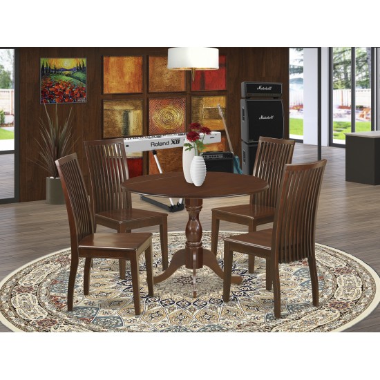 5 Pc Dining Set, Mahogany Dropleaf Table, 4 Mahogany Chairs, Slatted Back, Mahogany Finish