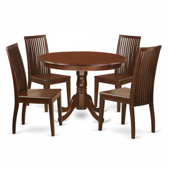 5 Pc Hartland Set, One Round 42In Dinette Table, 4 Dinette Chairs, Wood Seat In A Warm Mahogany Finish.