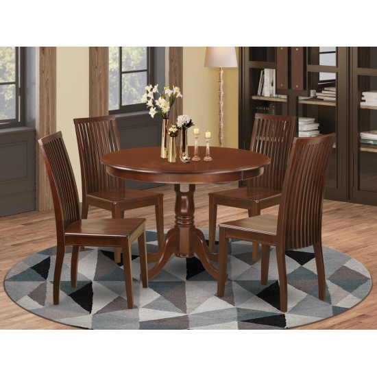 5 Pc Hartland Set, One Round 42In Dinette Table, 4 Dinette Chairs, Wood Seat In A Warm Mahogany Finish.