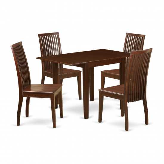 5Pc Dining Set, Small Kitchen Table, 4 Chairs, Slat Back, Mahogany