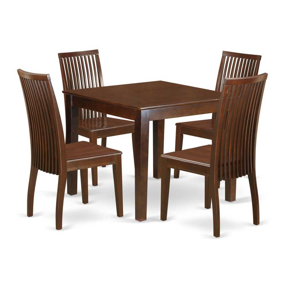 5-Piece Dinette Table Set - Table And 4 Wood Seat Dining Chairs In Mahogany