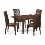 5Pc Rectangular Dining Table Having 12" Leaf, 4 Wood Seat Kitchen Chairs In Mahogany.