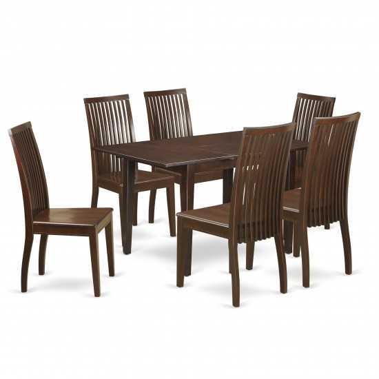 7Pc Rectangular Kitchen Table Featuring 12" Leaf, Six Wood Chairs In Mahogany