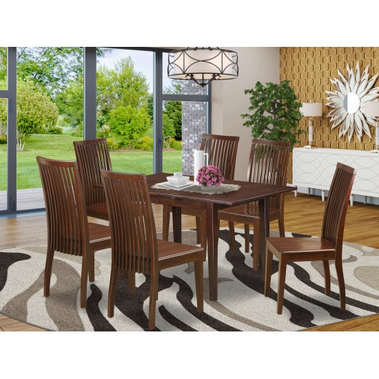 7Pc Rectangular Kitchen Table Featuring 12" Leaf, Six Wood Chairs In Mahogany