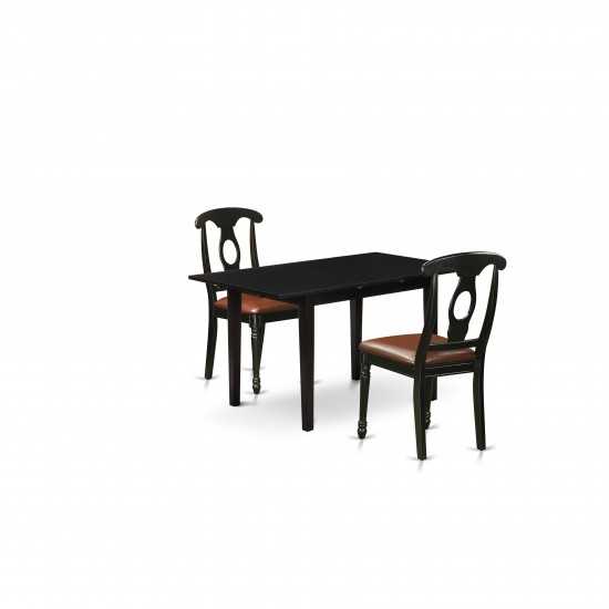 3-Pc Dining Set 2 Chair, Faux Leather Seat, Table, Butterfly Leaf Top, Black