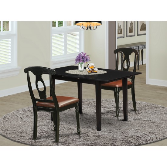 3-Pc Dining Set 2 Chair, Faux Leather Seat, Table, Butterfly Leaf Top, Black