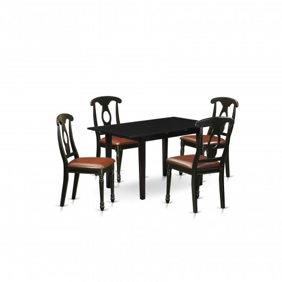 5-Pc Dining Set 4 Chairs, Faux Leather Seat, Table, Butterfly Leaf Top, Black