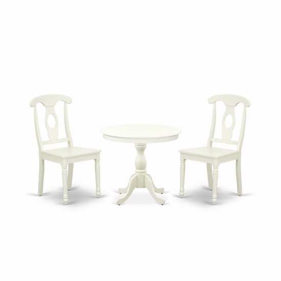 3 Pc Dining Set, 1 Pedestal Table, 2 Linen White Wooden Chairs, Linen White