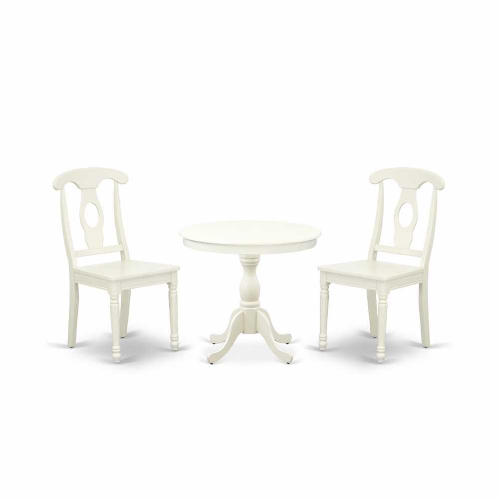 3 Pc Dining Set, 1 Pedestal Table, 2 Linen White Wooden Chairs, Linen White