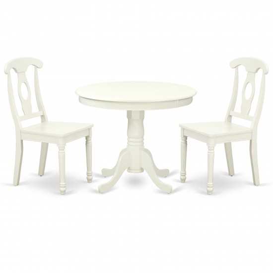 Anke3-Lwh-W 3Pc Round 36 Inch Table And 2 Panel Back Chairs