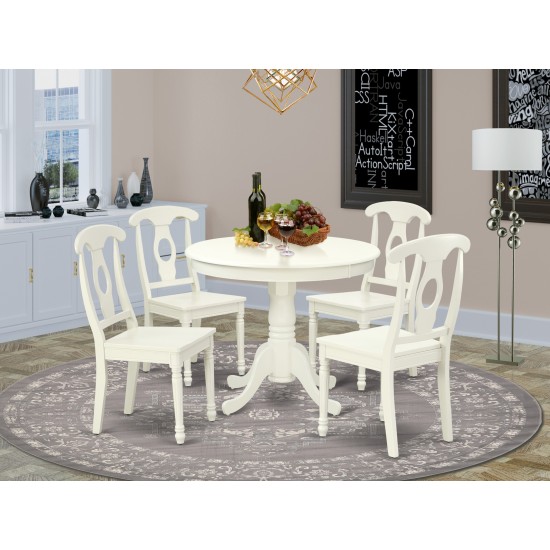Anke5-Lwh-W 5Pc Round 36 Inch Table And 4 Panel Back Chairs