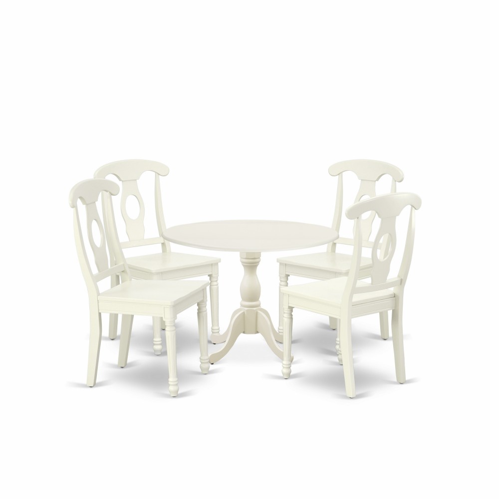 5 Pc Dining Set, 1 Drop Leaves Dining Table, 4 Linen White Chairs, Napoleon Back, Linen White Finish