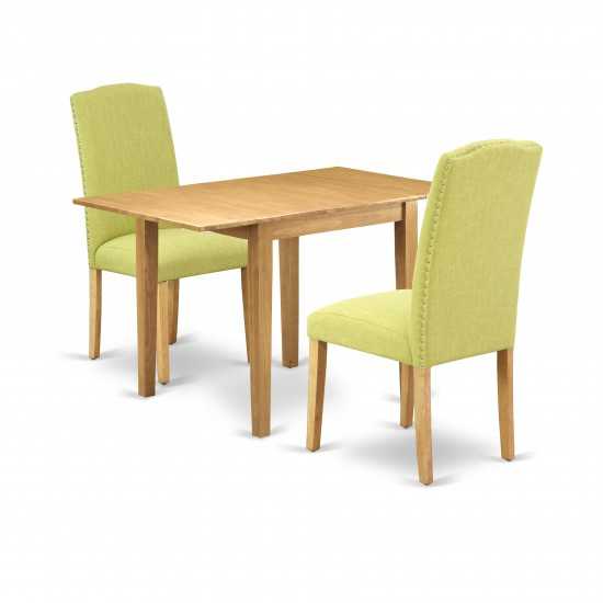 Dining Set 3 Pcs, Two Parson Chairs, Table, Oak Finish Solid Wood, Limelight Color