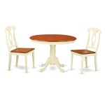 3 Pc Set, Round Kitchen Table, 2 Wood Dinette Chairs In Buttermilk, Cherry .