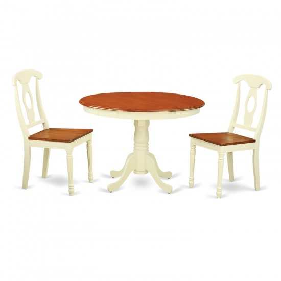 3 Pc Set, Round Kitchen Table, 2 Wood Dinette Chairs In Buttermilk, Cherry .