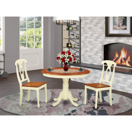 3 Pc Set, Round Kitchen Table, 2 Wood Dinette Chairs In Buttermilk, Cherry .