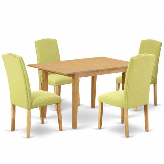 5Pc Rectangle 42/53.5" Dinette Table, 12 In Leaf, Four Parson Chair, Oak Leg, Limelight