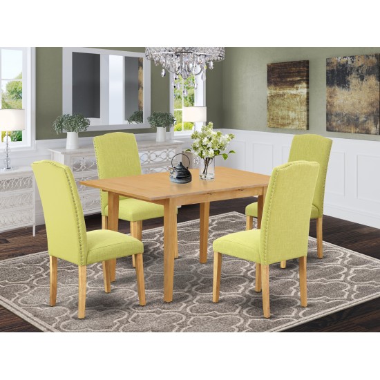 5Pc Rectangle 42/53.5" Dinette Table, 12 In Leaf, Four Parson Chair, Oak Leg, Limelight