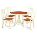 5 Pc Set, Round Small Table, 4 Wood Dinette Chairs In Buttermilk, Cherry .