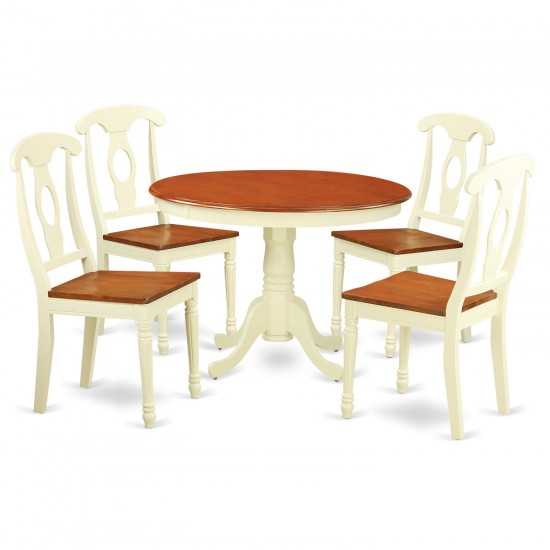 5 Pc Set, Round Small Table, 4 Wood Dinette Chairs In Buttermilk, Cherry .