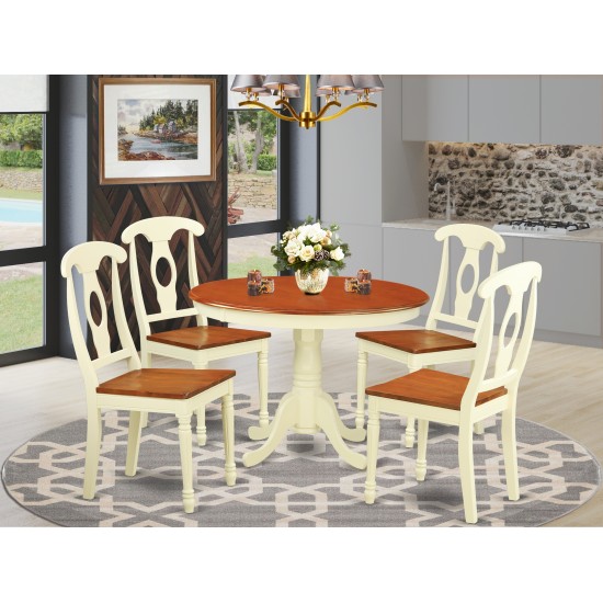 5 Pc Set, Round Small Table, 4 Wood Dinette Chairs In Buttermilk, Cherry .