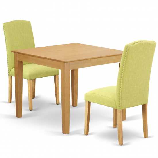 3Pc Square 36" Table And Pair Of Parson Chair, Oak Leg And Fabric Limelight