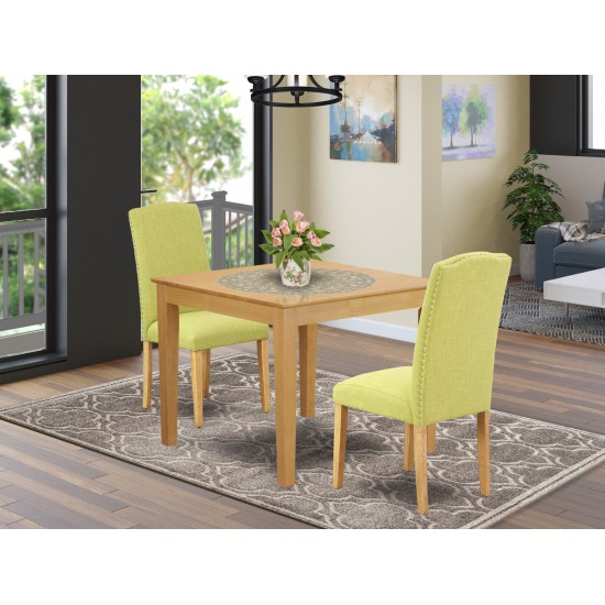 3Pc Square 36" Table And Pair Of Parson Chair, Oak Leg And Fabric Limelight